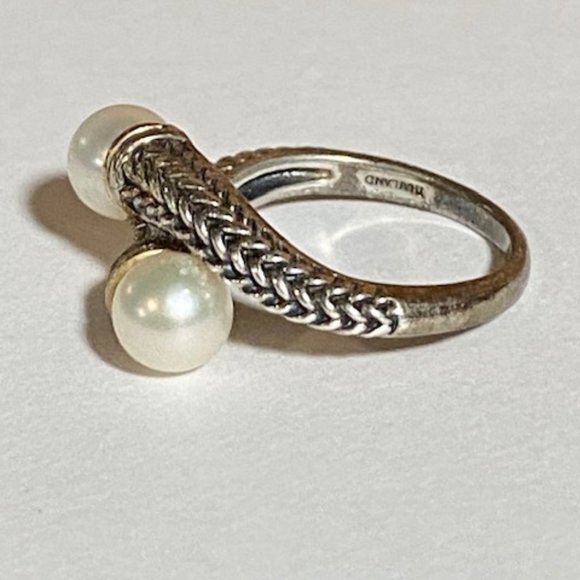 Sterling Silver 14 Double Pearl Bypass Ring SIze 7 - Picture 3 of 3